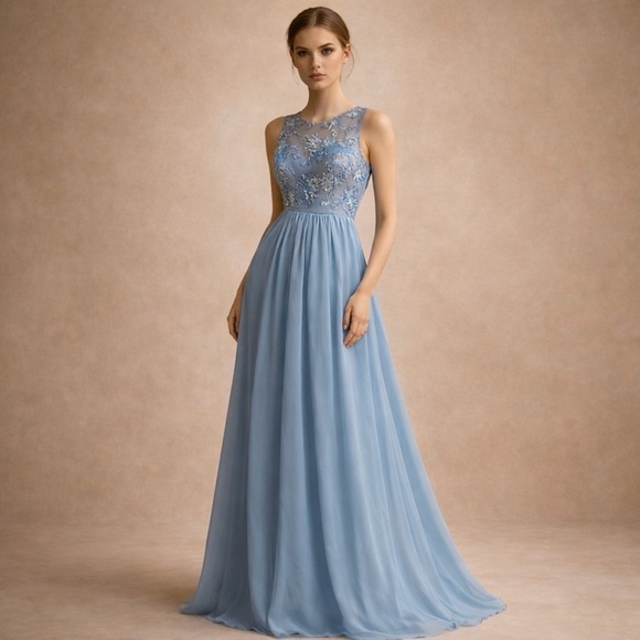 Dresses & Skirts - KF Bridal Sleeveless Blue Lace Chiffon Gown Size 2 Formal Prom Evening